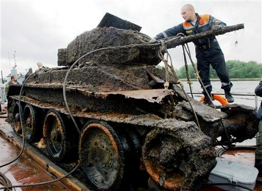 A tank recovered from a lake near St Petersburg