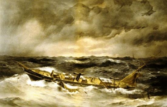 A ship totally wrecked and ready to founder