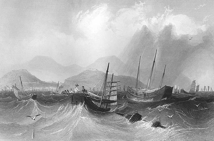 1851 Portugual ship Donna Maria II antique print MACAU explodes Taipa 